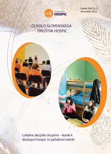 Naslovnica glasila: fotografije skupinskega srečanja in otroške sobe, naslov »Lokalne akcijske skupine, korak k dostopni hospic in paliativni oskrbi«.