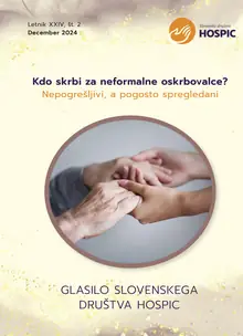 Naslovnica glasila: roke starejše in mlajše osebe, sklenjene v dlaneh, z naslovom »Kdo skrbi za neformalne oskrbovalce?«.