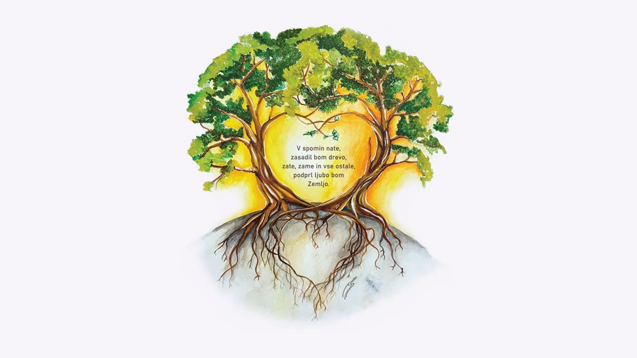 Ilustracija drevesa s koreninami v obliki srca in verzom v spomin na umrlega.
