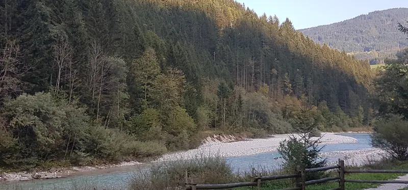 Dolina reke med gozdnatimi pobočji, v ospredju lesena pašna ograja.