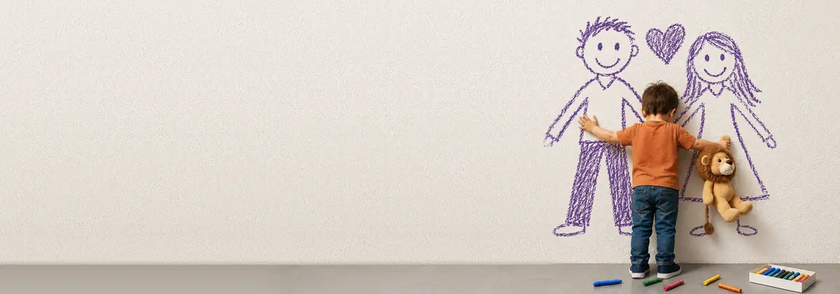 Risba starševskega para na steni; deček stoji med njima in objema levčka iz blaga.
